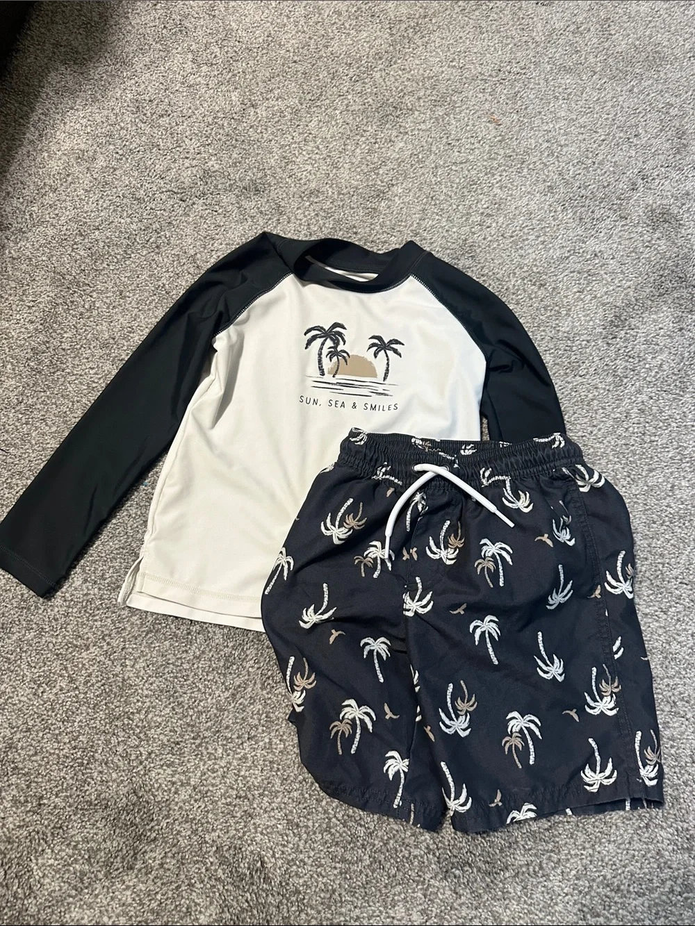 Carter’s Kids Rash Guard & Swim Trunks Set — Black and Cream Palm Print
